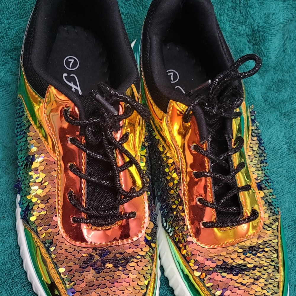 Iridescent Gold and Green Metallic Sequin Sneakers, Size 7M By Forever